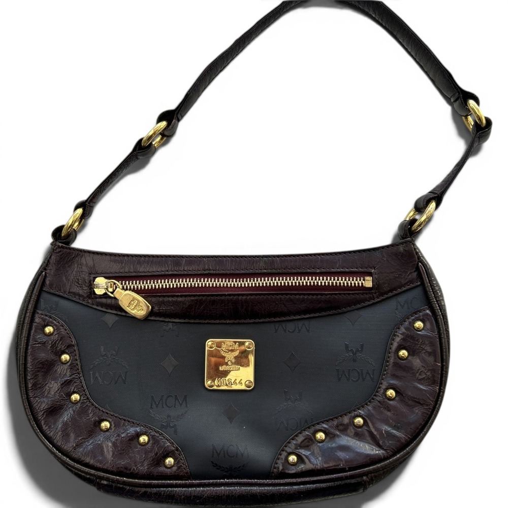 MCM Monogram crescent Shoulder Bag Brown Patent Leather M0644 Vintage